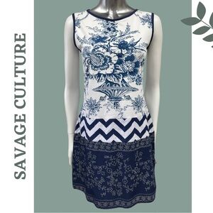 Savage Culture Sleeveless Summer Dress Blue White Mixed Pattern Size Medium